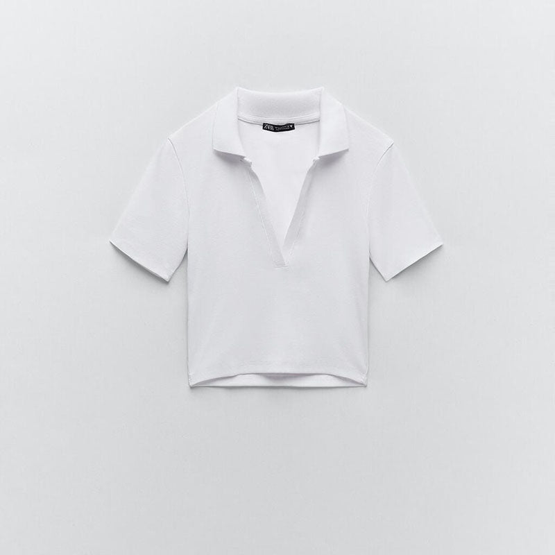 ZARA ザラリブ編みポロシャツコットンホワイトレディース4424306
