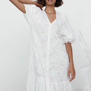 ZARA ザラカットワーク刺繍ワンピースホワイトレディース4786095