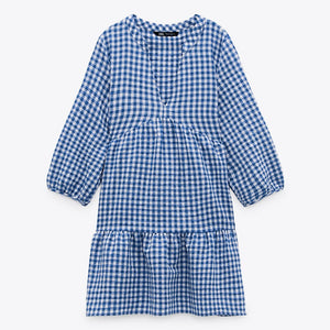 ZARA ザラギンガムチェックミニワンピースコットン青色白色レディース3564066