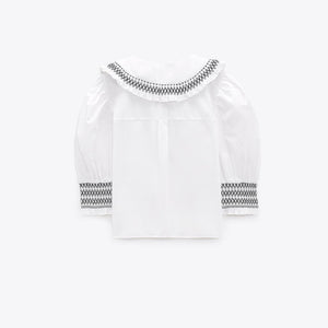 ZARA ザラスモッキングディテール ポプリンブラウスコットンホワイトレディース7200021