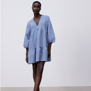 ZARA ザラギンガムチェックミニワンピースコットン青色白色レディース3564066