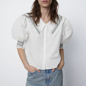 ZARA ザラスモッキングディテール ポプリンブラウスコットンホワイトレディース7200021