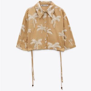 ZARA ザラエンブロイダリー リネンブレンド シャツコットンオークルレディース2451942