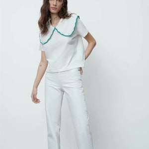 ZARA ザラコントラストネックライン仕様Ｔシャツコットンホワイトレディース1930042