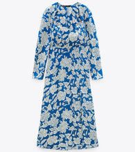 画像をギャラリービューアに読み込む, ZARA ザラプリント柄ミディ丈ワンピース青色白色レディース2311243