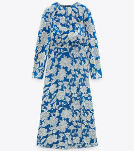 ZARA ザラプリント柄ミディ丈ワンピース青色白色レディース2311243