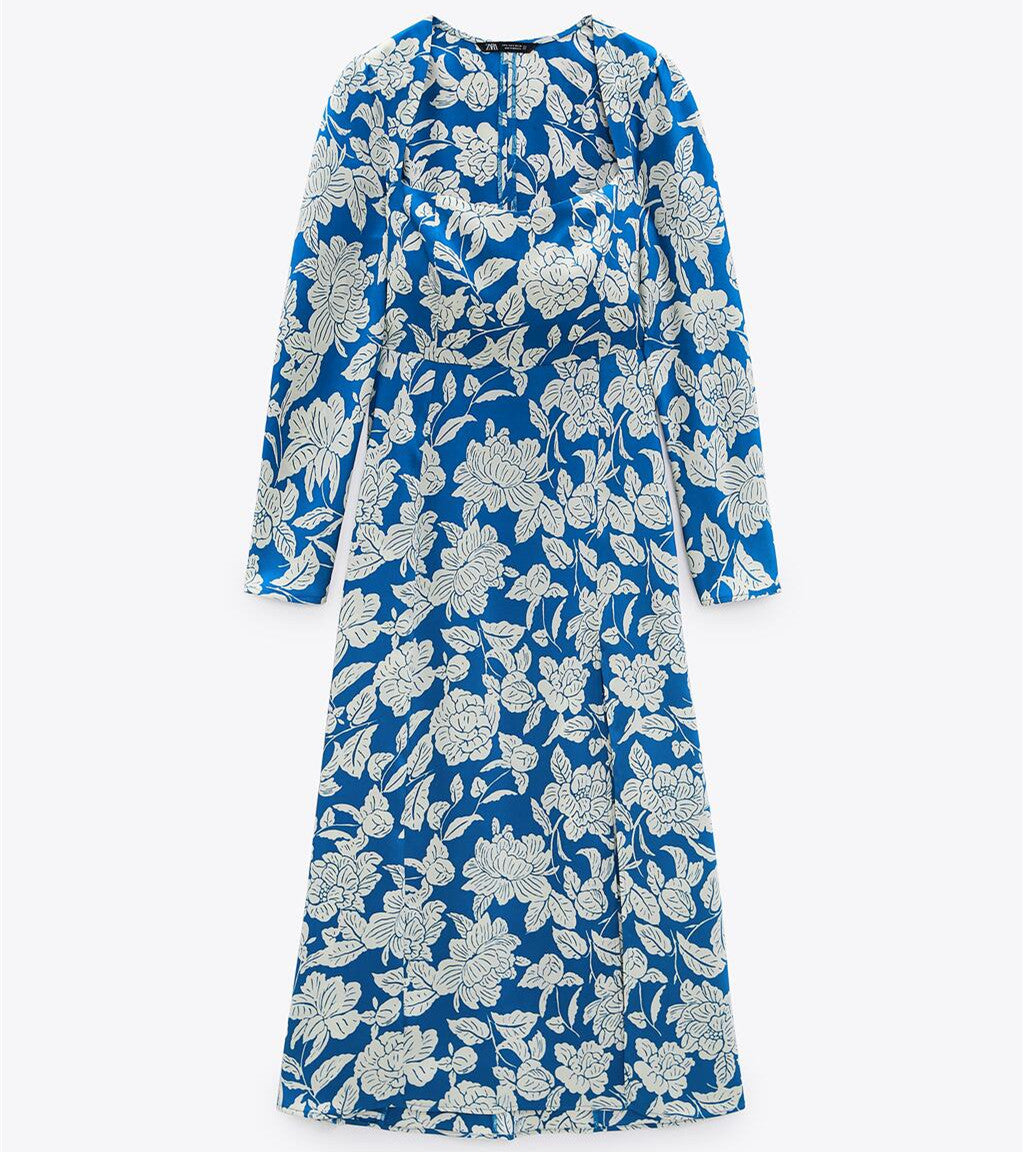 ZARA ザラプリント柄ミディ丈ワンピース青色白色レディース2311243