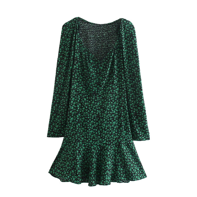 ZARA ザラフラワープリントミニワンピースブラックグリーンレディース8487360
