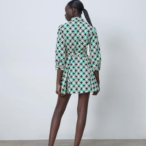 ZARA ザラベルト付きプリント柄ワンピースコットングリーンレディース4479040
