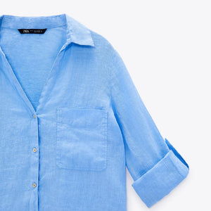 ZARA ザラベーシックリネンシャツリネンライトブルーレディース2230503