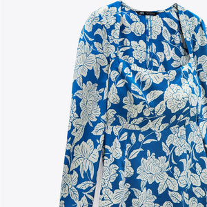 ZARA ザラプリント柄ミディ丈ワンピース青色白色レディース2311243
