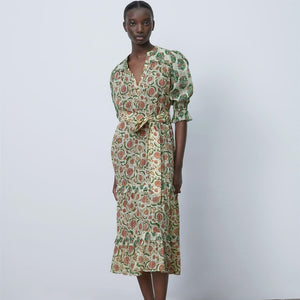 ZARA ザラプリント柄ミディ丈ワンピースコットンエクリュレディース6895066