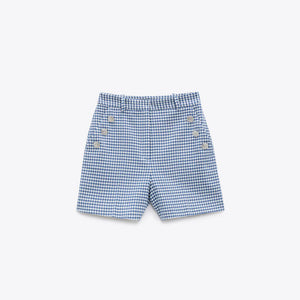ZARA ザラボタン付きバミューダパンツコットン青色白色レディース2059362