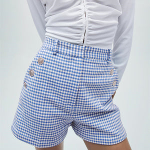 ZARA ザラボタン付きバミューダパンツコットン青色白色レディース2059362