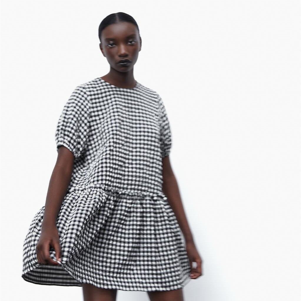 ZARA ザラギンガムチェックミニワンピースポリエステルブラックレディース0387052