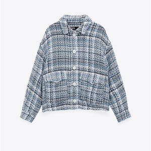ZARA ザラテクスチャー シャツジャケットコットン青色白色レディース2284137