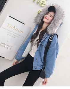20%OFF ボア×エコファーフード付きデニムジャケット韓国風 コート秋冬新品 2色