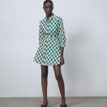 画像をギャラリービューアに読み込む, ZARA ザラベルト付きプリント柄ワンピースコットングリーンレディース4479040