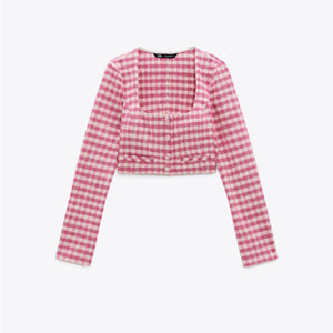 ZARA ザラギンガムチェックトップスコットンライトフクシアレディース2478645
