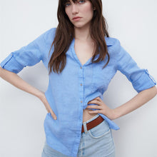 画像をギャラリービューアに読み込む, ZARA ザラベーシックリネンシャツリネンライトブルーレディース2230503