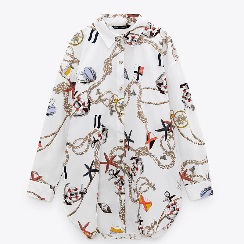 ZARA ザラオーバーサイズ プリント シャツコットンホワイトレディース2669432