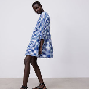 ZARA ザラギンガムチェックミニワンピースコットン青色白色レディース3564066