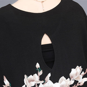 女性大人気新品ゆったり背刺繍桜ワンピースレディー民族風痩せ ブラック