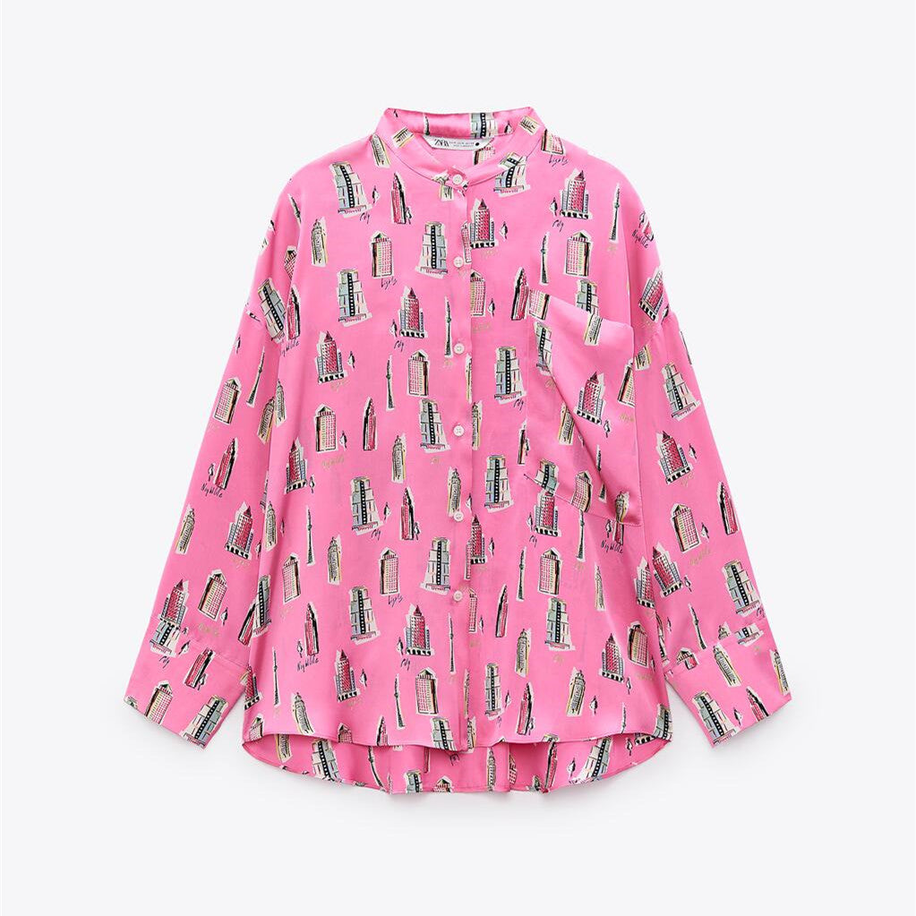 ZARA ザラフルイドプリント柄シャツポリエステルフクシアレディース2597027