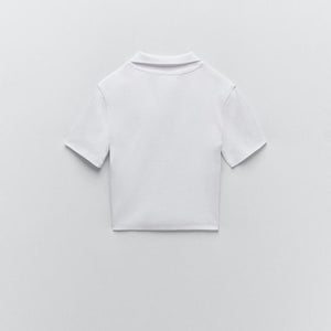 ZARA ザラリブ編みポロシャツコットンホワイトレディース4424306