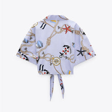 画像をギャラリービューアに読み込む, ZARA ザラクロップド丈プリント柄シャツコットン空色レディース2668430