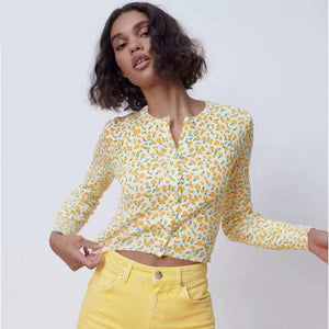 ZARA ザラジャカードニットカーディガンコットンイエローレディース9598060
