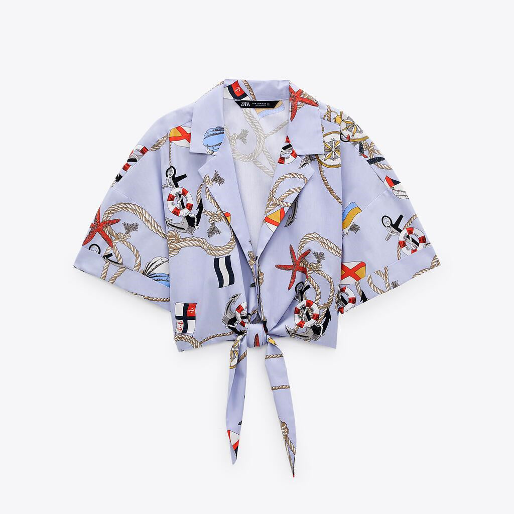 ZARA ザラクロップド丈プリント柄シャツコットン空色レディース2668430