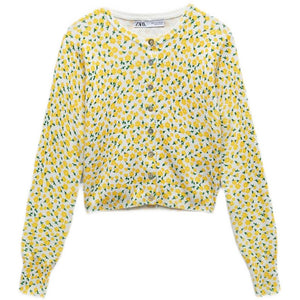 ZARA ザラジャカードニットカーディガンコットンイエローレディース9598060