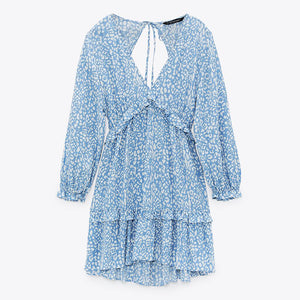 ZARA ザラアニマル柄ワンピースレーヨン青色白色レディース2599051