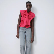 画像をギャラリービューアに読み込む, ZARA ザラリボンモチーフ付きポプリントップスコットンフクシアレディース8741235