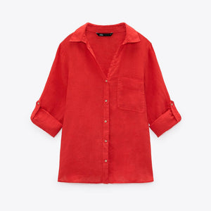 ZARA ザラベーシックリネンシャツリネンレッドレディース2230503
