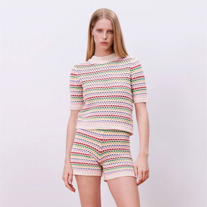 ZARA ザラストライプ柄ニットショートパンツコットンマルチカラーレディース3859029