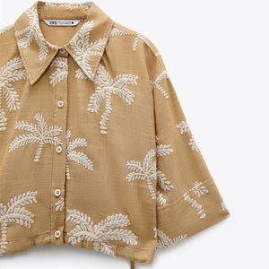 ZARA ザラエンブロイダリー リネンブレンド シャツコットンオークルレディース2451942