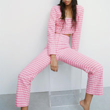 画像をギャラリービューアに読み込む, ZARA ザラギンガムチェック ミニフレアパンツコットンライトフクシアレディース2506645