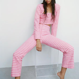 ZARA ザラギンガムチェック ミニフレアパンツコットンライトフクシアレディース2506645