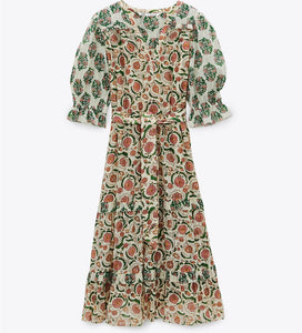 ZARA ザラプリント柄ミディ丈ワンピースコットンエクリュレディース6895066