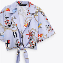 画像をギャラリービューアに読み込む, ZARA ザラクロップド丈プリント柄シャツコットン空色レディース2668430