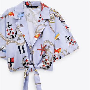 ZARA ザラクロップド丈プリント柄シャツコットン空色レディース2668430