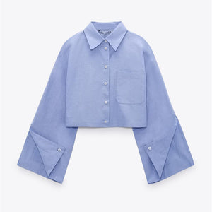 ZARA ザラスプリットスリーブ シャツコットン空色レディース2492576