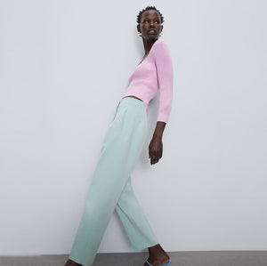 ZARA ザラ ハイウエストパンツ グリーン カジュアル グリーン 7102032