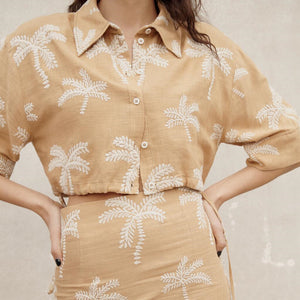 ZARA ザラエンブロイダリー リネンブレンド シャツコットンオークルレディース2451942