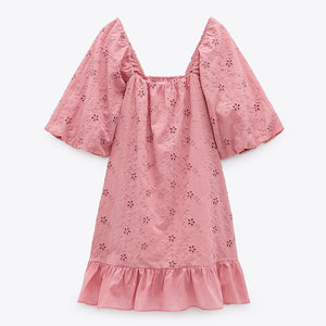 ZARA ザラカットワーク エンブロイダリー ミニ ワンピースコットンピンクレディース3666071
