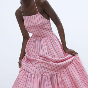 ZARA ザラストライプ柄ミディ丈ワンピースレーヨンピンクレディース8342116