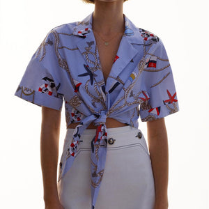ZARA ザラクロップド丈プリント柄シャツコットン空色レディース2668430