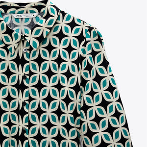 ZARA ザラベルト付きプリント柄ワンピースコットングリーンレディース4479040